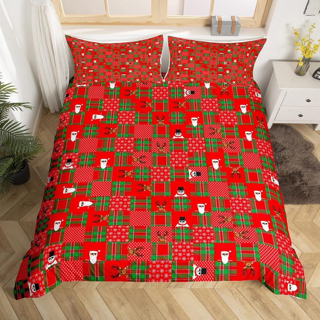 Christmas King Queen Duvet Cover Santa Claus Snowman Bedding Set Red Green Grid Checkered Quilt Cover Polyester Comforter Cover