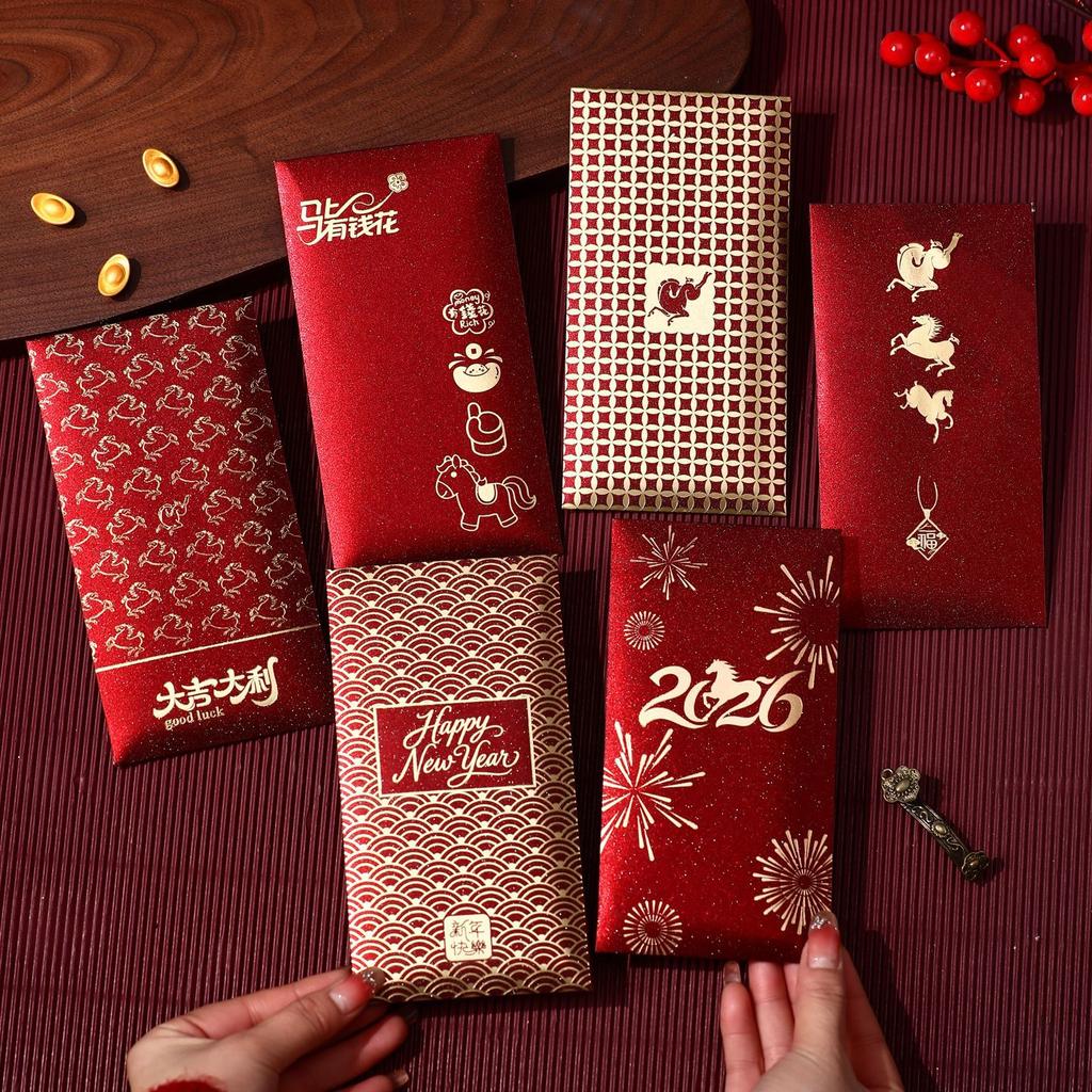 6Pcs/Pack 2026 Simple Horse Year Red Envelope Spring Festival Red Packet Bag Traditional Lucky Money Pockets New Year Gifts