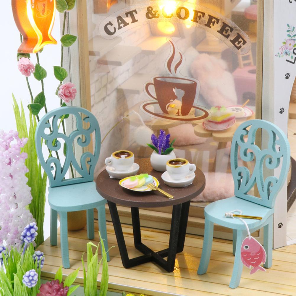 Kit Casă de Păpuși Miniatură DIY Cafenea Pisici Cu Muzică și Lumină Cafenea Pisici Model Mini Casă de Păpuși Kit de Construcție Cu Mobilier
