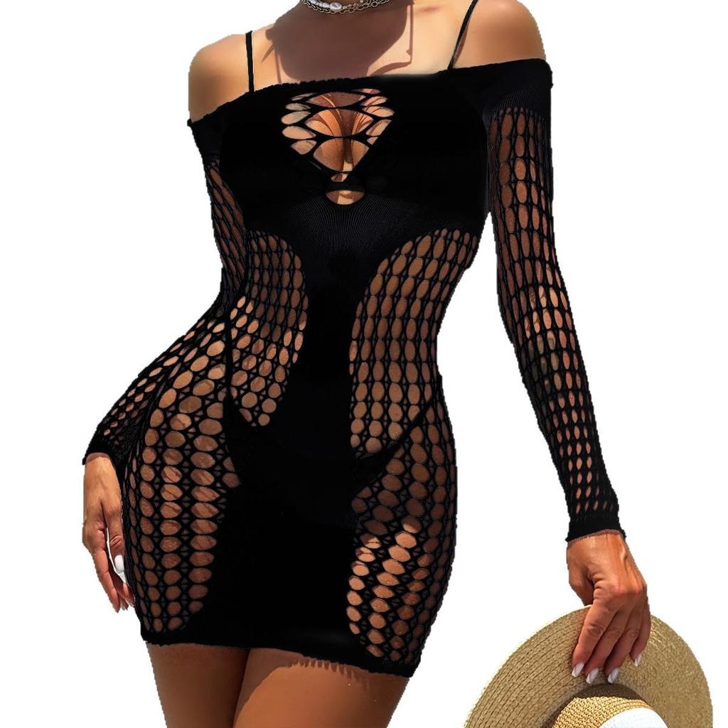 Lace Hollow-Out Mesh Teddy Nightwear, Women's Stylish Sheer Bodysuit Dress for Evening