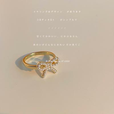 Copper Plated 14K Bow Ring Sweet and Lovely Pearl Hand Ornament Temperament Simple and Fresh Ring Index Finger Ring Jewelry