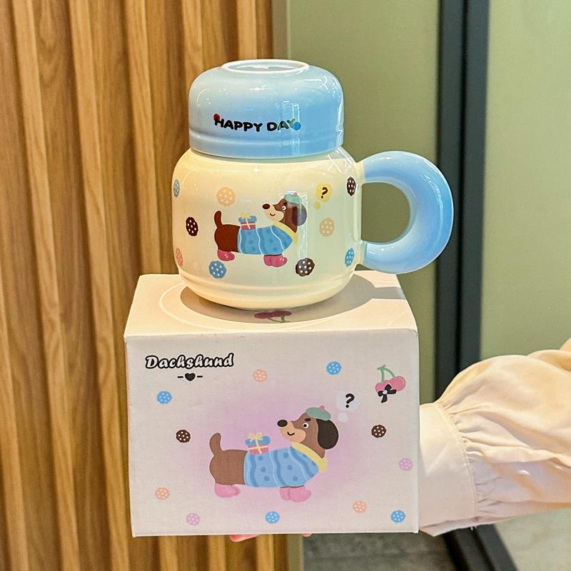 Cute Dachshund Puppy Ceramic Kettle Couple with High Value Mug with Lid To Send Birthday Gifts for Girls