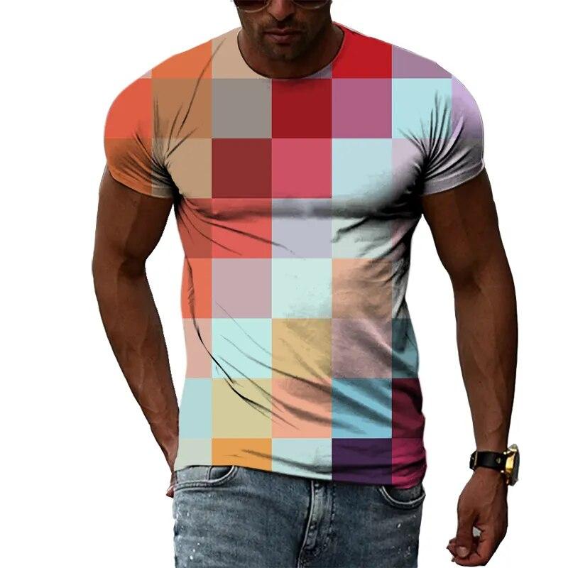 Freizeitgitter Sommer Beliebte Farbgittermuster Herren- und Damen-T-Shirts Print Hip Hop Rundhals-T-Shirts Kurzarmoberteile