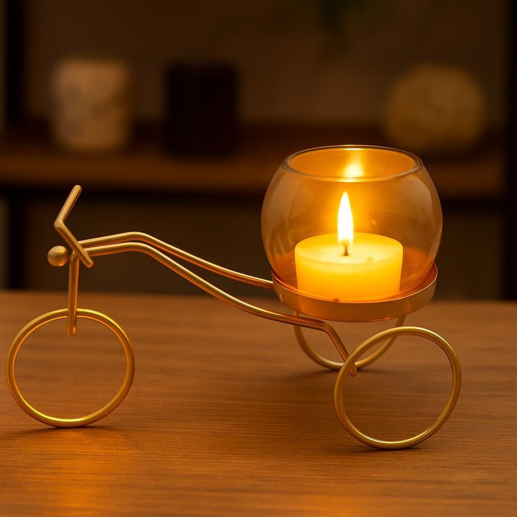 

Decorative Gold Bicycle Tealight Candle Holder with Amber Glass Cup, Diwali Decoration Items, Home Décor Items, Christmas Décor