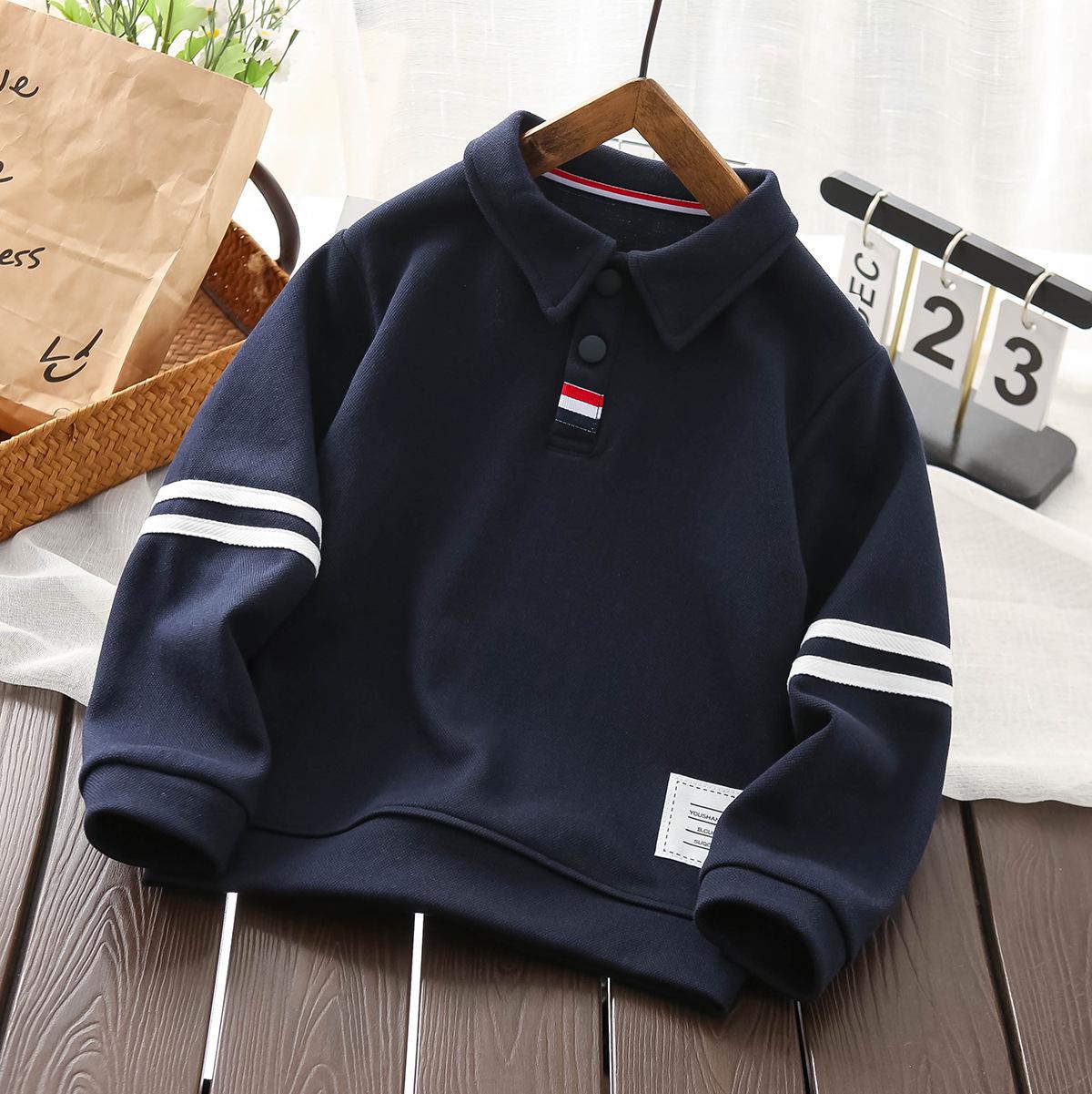 

Мальчиковая толстовка-поло - 2025 Весна/Осень Повседневный пике хлопок, Средний/Большой Длинный рукав с буквенным дизайном 140 темно-синий