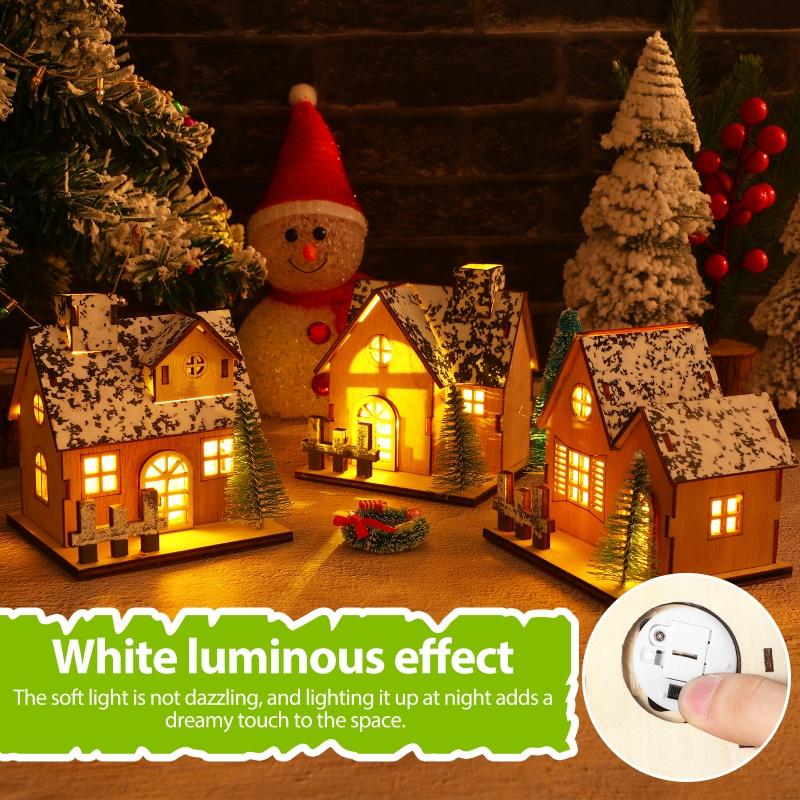 LED Wooden Christmas House Village Unfinished Xmas Snow House DIY Wood Chalet Tree Ornaments Christmas Table Centerpieces