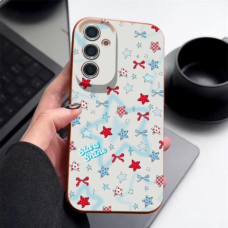 Blauer Stern Schleifen Muster Hülle Für Samsung Galaxy S25 Edge S24 Ultra S23 S22 Plus S21 FE S26 Ultra Lederstruktur Silikonhülle