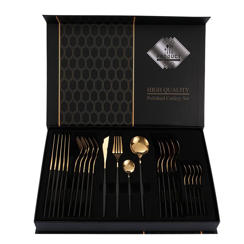 24Pcs Home Kitchen Tableware Stainless Steel Cutlery Set Dinnerware Forks Spoons Gold Plated Gift Box Set High Quality Polished Flatware Dinner Set
