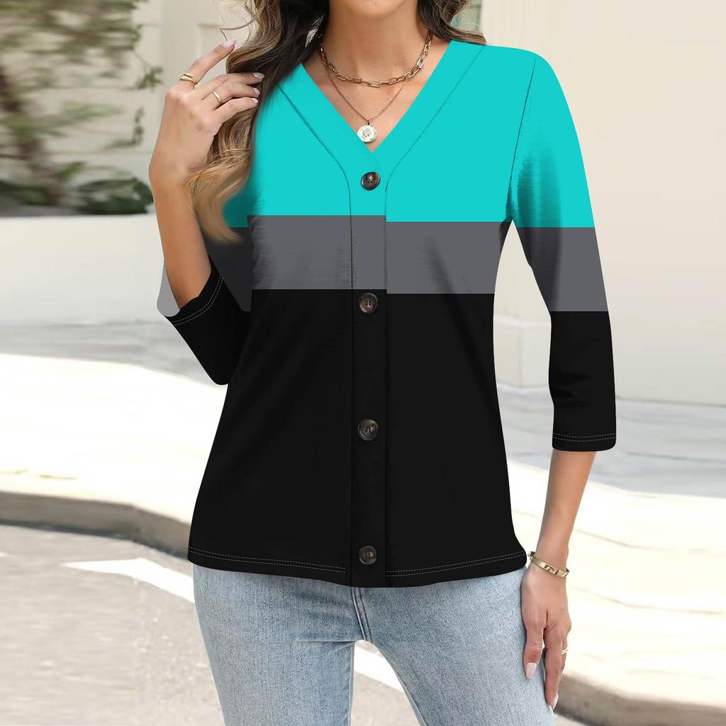 Moda Donna Casual Camicia a Maniche a Tre Quarti con Bottoni e Stampa Geometrica a Righe Top Cardigan