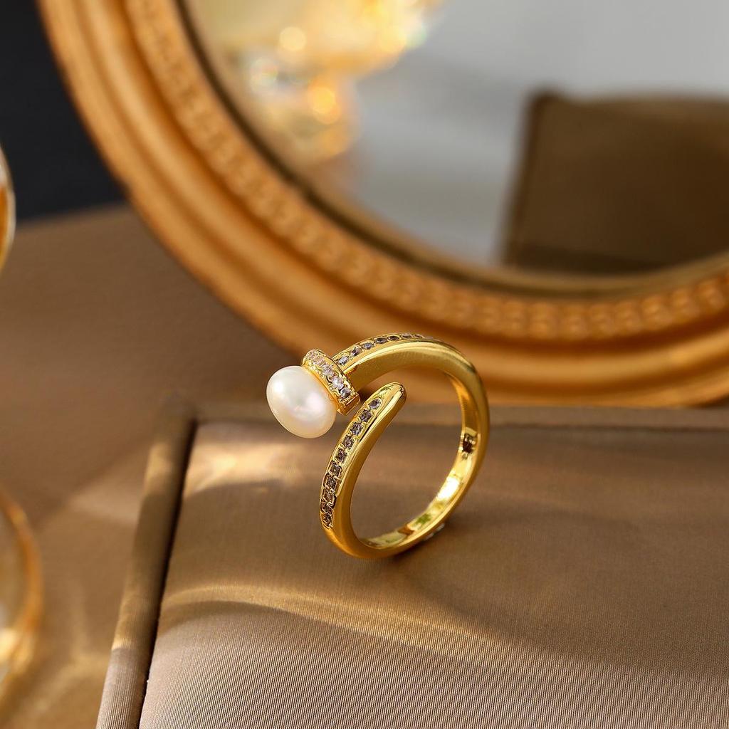 French Luxury Freshwater Pearl & Zircon Geometric Open Ring for Women