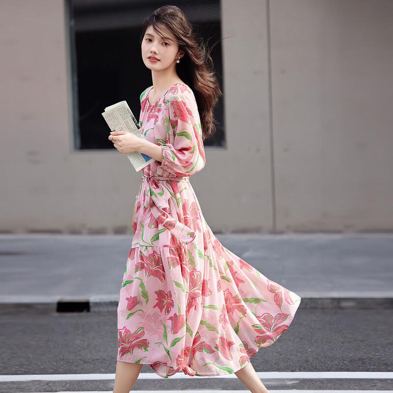 

Demana Printed Chiffon Midi Dress with Lantern Sleeves S