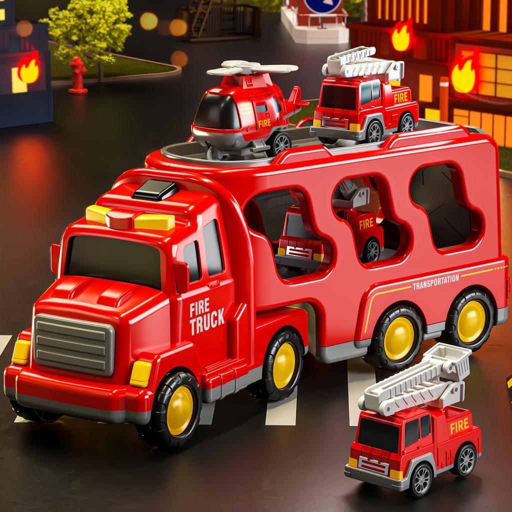 Fire Engine Toy Sets Suitable for Children Over 2 Years Old, 5 in 1 Fire Engine Toys, Friction Power Vehicle Toy Sets, Accessories Color Random
