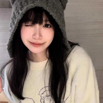 New Cute Furry Bear Ears for Women In Autumn and Winter Warm Ears Big Head Circumference  Versatile Face  Small Knitted
