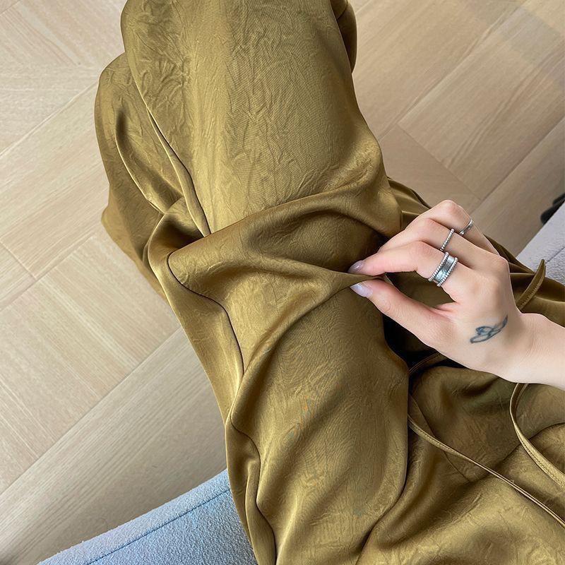 Women's High Waist Ice Silk Wide Leg Pants - Summer Sun Protection, Acetate Satin, Jacquard Design