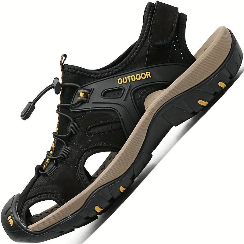 Outdoor Adventures, Men'S Breathable Hiking Sandals - Closed Toe, Fisherman Style, Black with Brown & Grey Accents