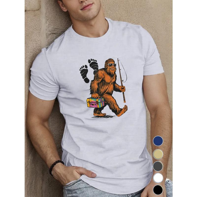 Европейский размер Мужская футболка Sasquatch Fishing - Повседневная, Вязаная ткань, Геометрический узор, Круглый вырез, Обычная посадка, Летний топ с коротким рукавом S белый