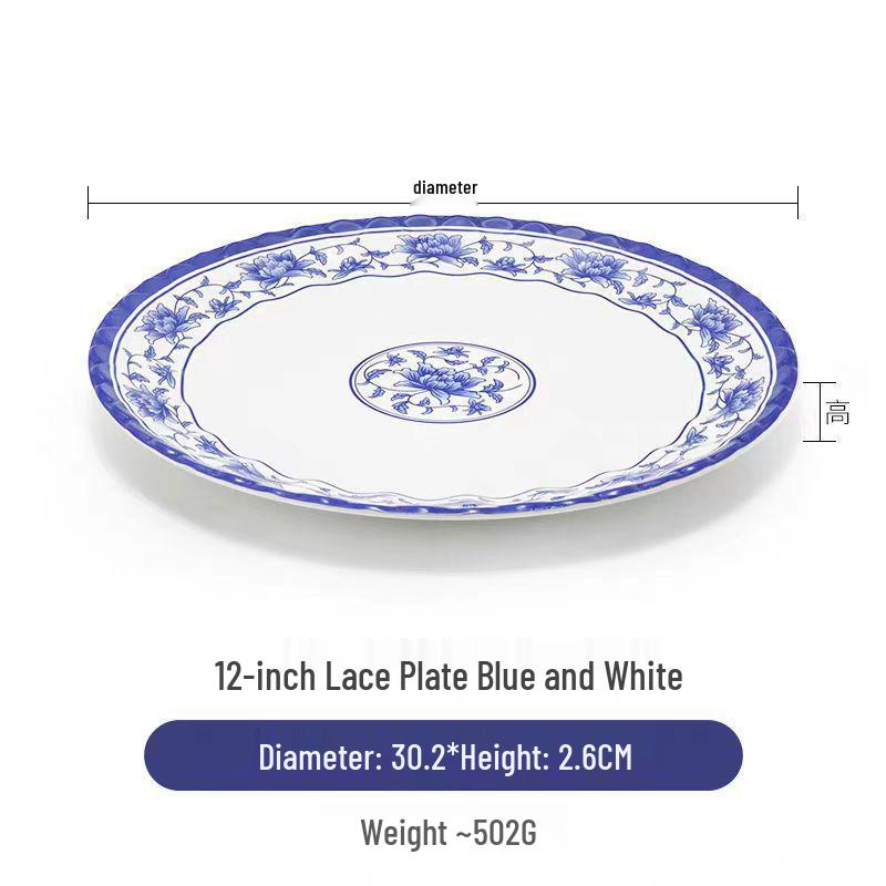 Plato redondo de melamina azul y blanca - Imitación de porcelana gruesa, ideal para salteados, arroz y uso en restaurantes.