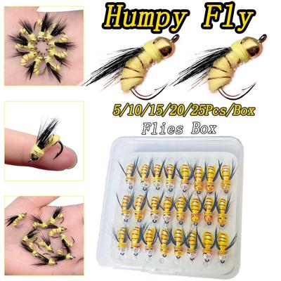 5/10/15/20/25Pcs/Box Carp Flies Dry/Wet Trout Humpy Fly Yellow Colors Fishing Lures