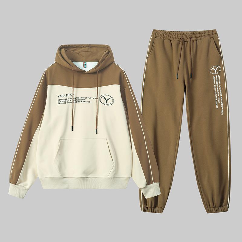 

Весенне-осенний повседневный спортивный худи с капюшоном, мужской пуловер с круглым вырезом, свободный и универсальный комплект из двух предметов XXL кофейный