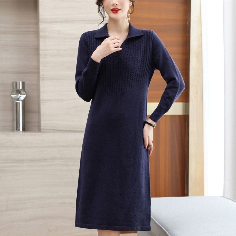 Solid Color Mid-length Knitted Dress for Women Casual Knitted Knitted Sweater Dress for Autumn and Winter Pullover