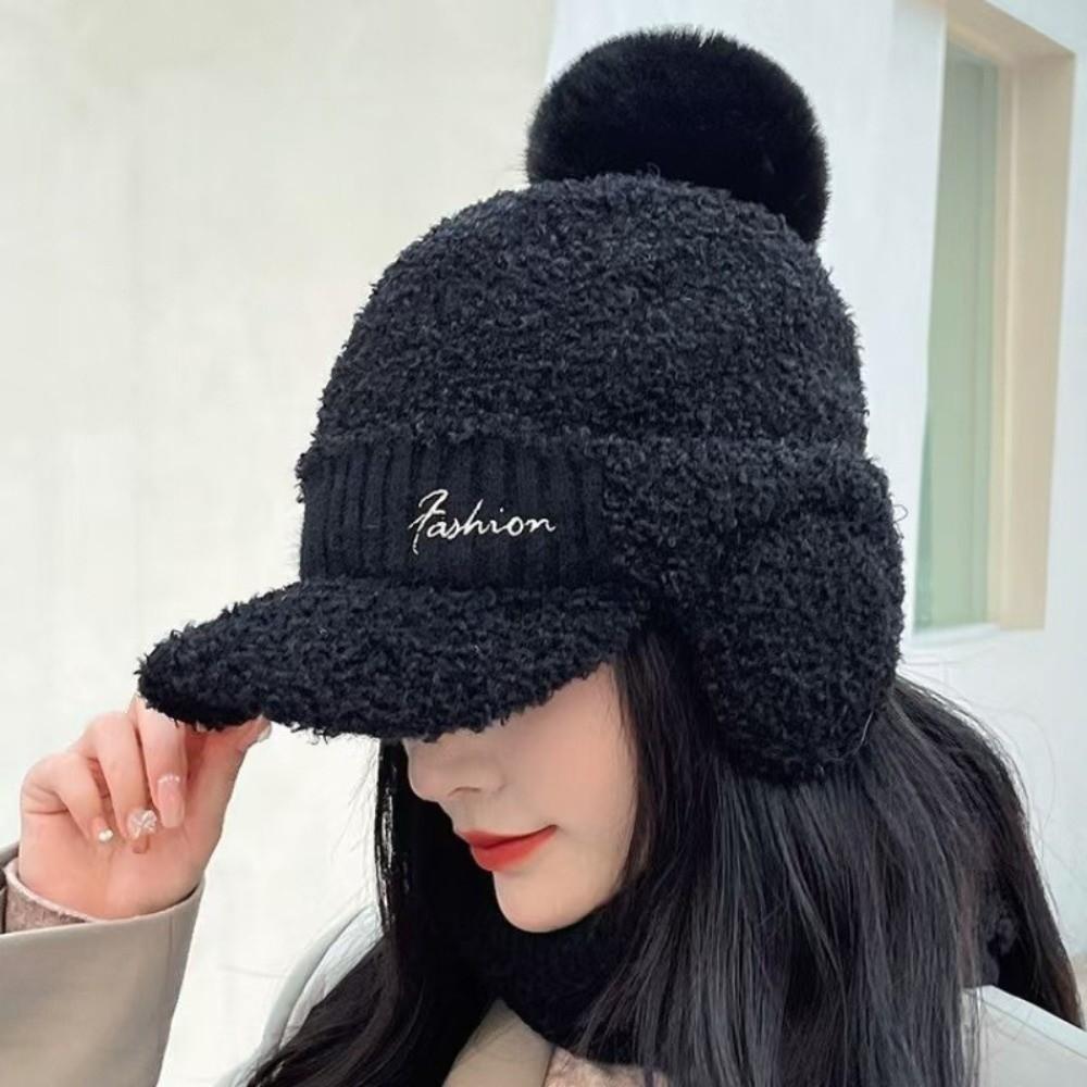 Windproof Knitted Baseball Cap Solid Color Pompom Plush Beanie Fashion Warm Earmuffs Cap  Skiing