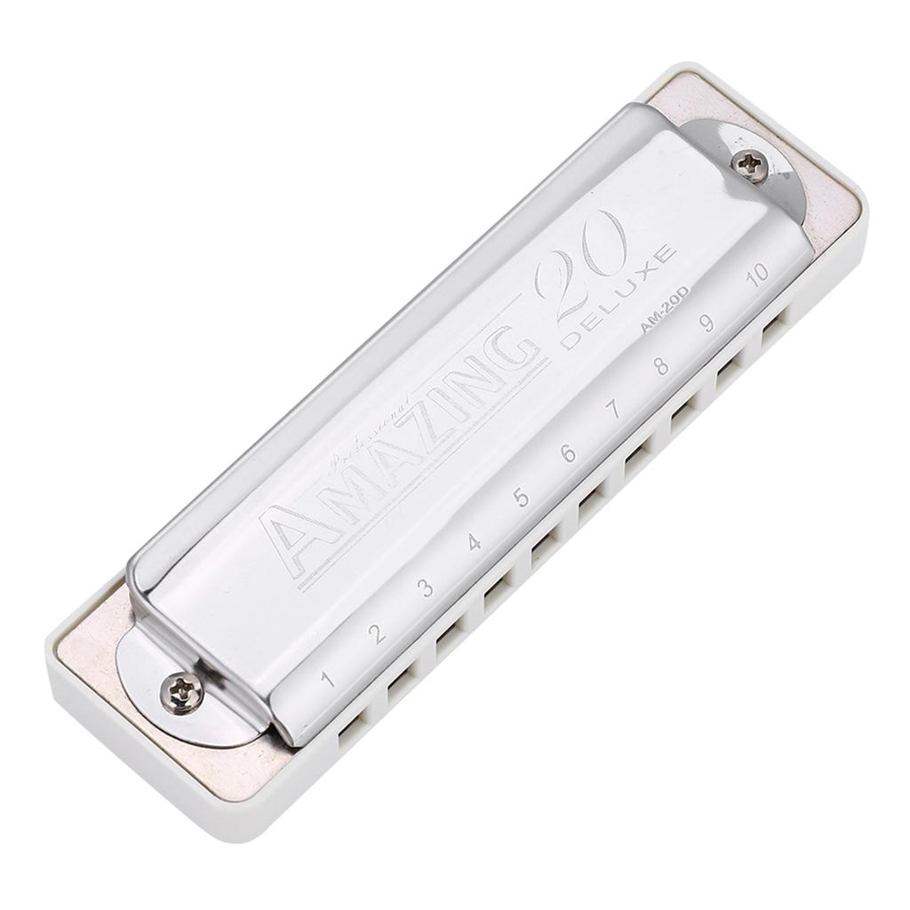 KONGSHENG AM 20D Phosphor Bronze Reed 10 Hole 20 Tone Blues Harmonica In the Key of Bb White