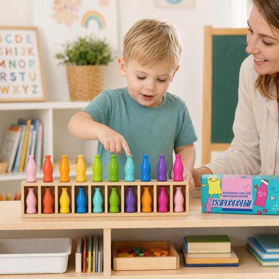 Yousheng Bottle Color Matching Board Game, Memory Challenge Toy with 14 Colorful Bottles & Wooden Storage Rack, 2-4 Players Family Night Drink Color