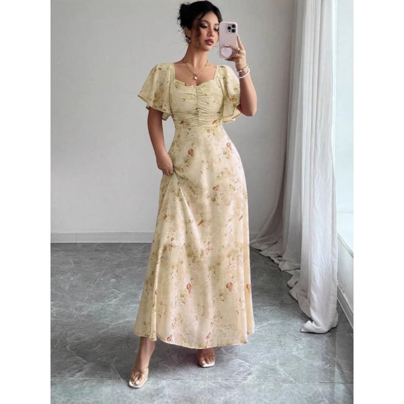 Sommer Neues Lotusblatt-Ärmel-Print Schlankes Temperament Elegantes Kleid Ist Jetzt