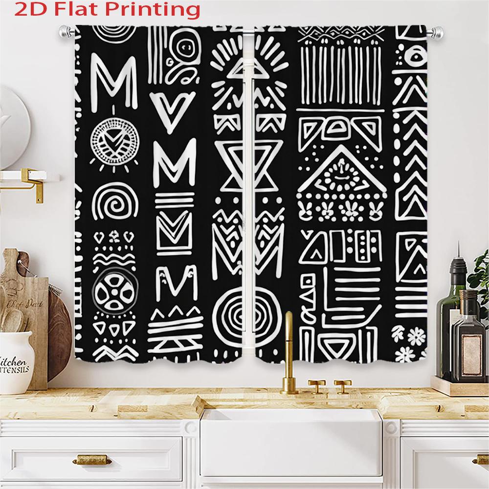 African Geometric Print Curtains Black White Semi Transparent Polyester Window Drapes Design Set Of 2 Made With Rod Pocket