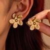 GEMCHIC Women's Vintage 18K Gold Plated Stainless Steel Five-Petal Flower Earrings Luxury Textured Floral Studs Fashion Jewelry