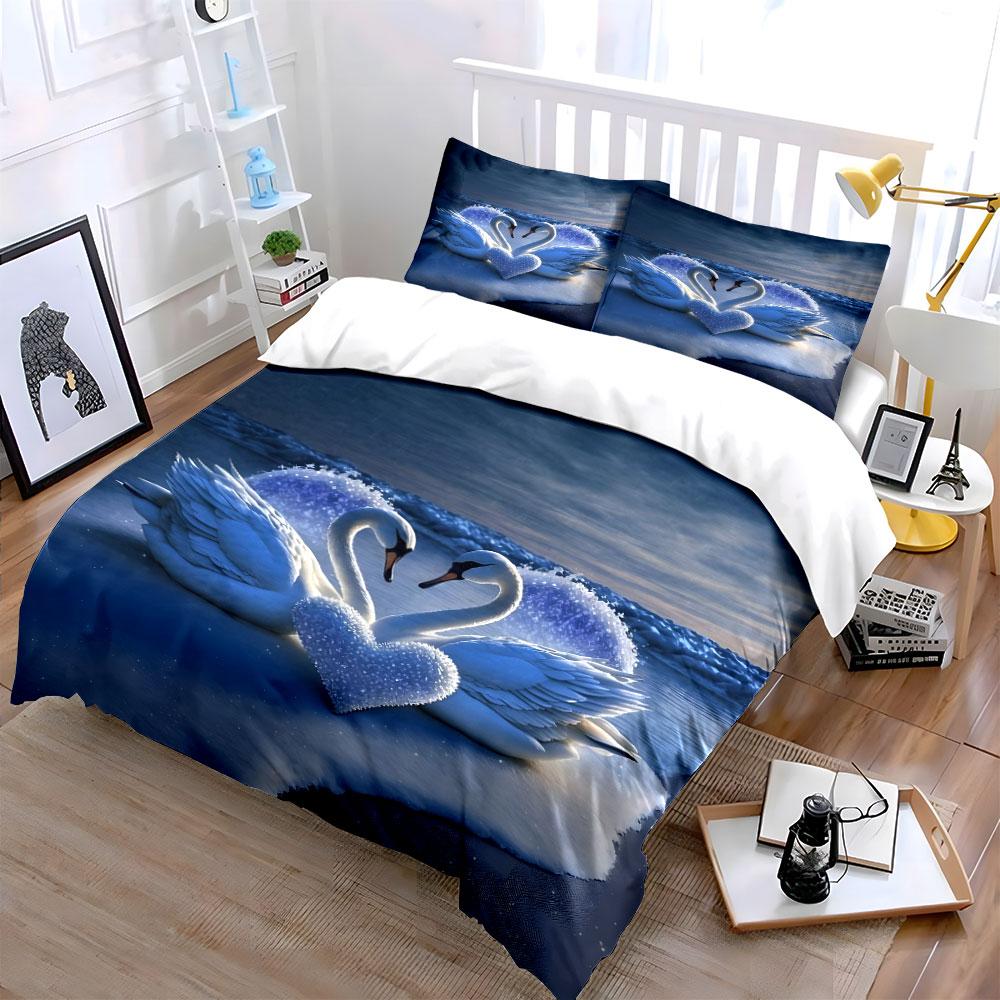 Romantic Swans With Icy Heart Printed Duvet Cover Set1 Duvet Cover+2 Pillowcasemulti Size Bedroom Bedding Decor Luxury Gifts
