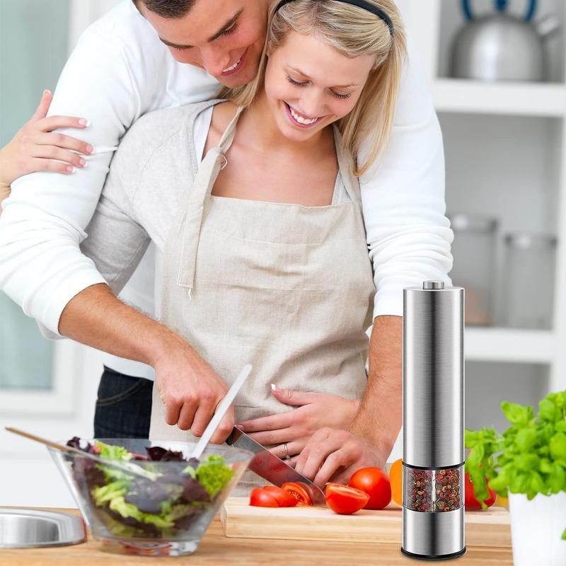 2pcs Electric Salt and Pepper Grinder Set, Automatic One Handed, Stainless Steel Grinders with Lights and Adjustable Coarseness