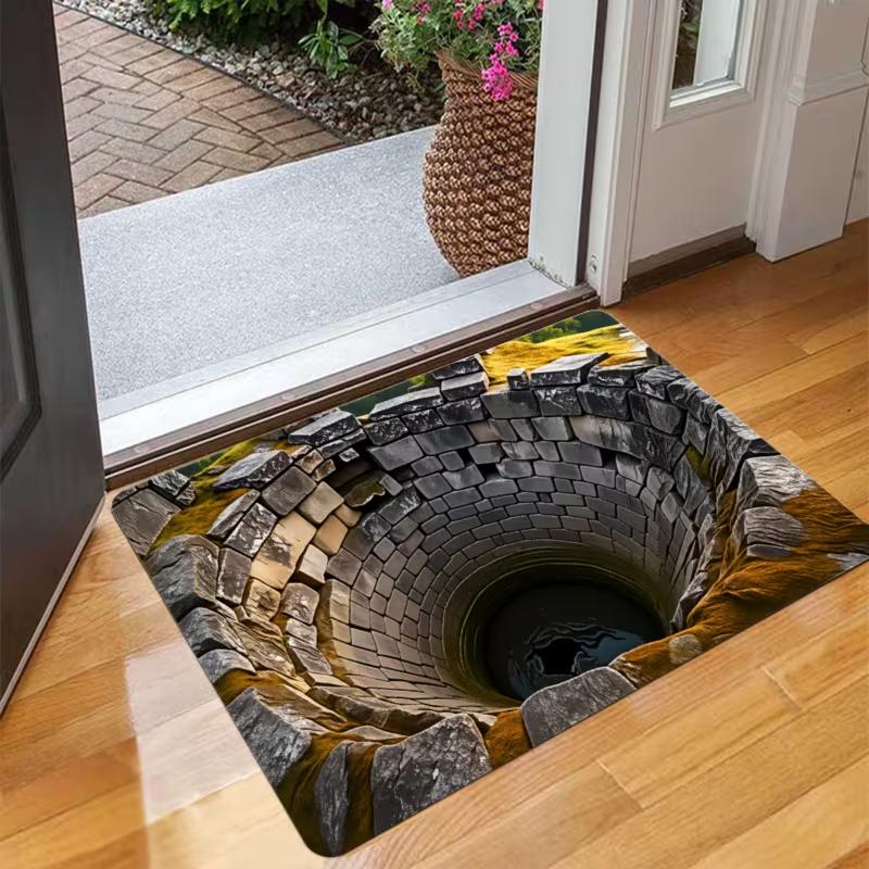 

1-piece 3D Antique Stone Well Printed Door Mat with Realistic Cave 3D Effect Entrances Kitchens Bathrooms Balconies Carpets 50X80cm