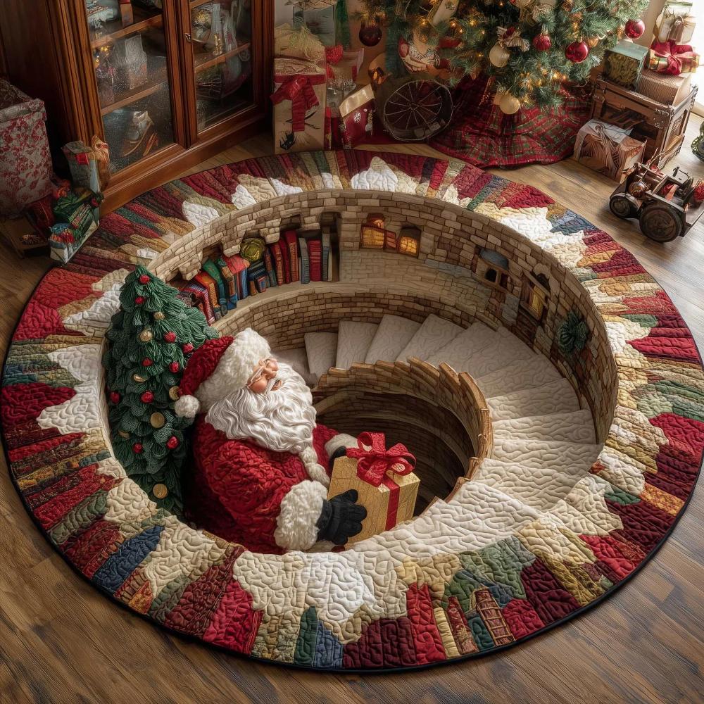 Funny Santa Claus Bedroom 3D Vortex Carpet Brick Hole Circular Floor Mat Festive Living Room Entryway Area Rug 2d flat print