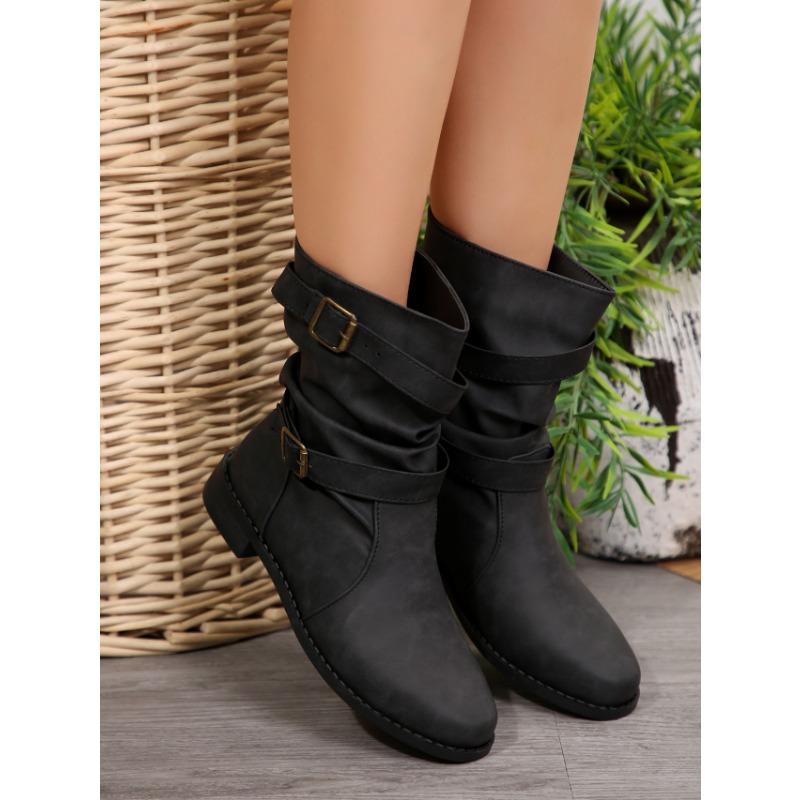 Women's Popular Medium Boots, Women's Autumn and Winter New Boots, Women's Round-toed Flat-bottomed Cigarette Boots