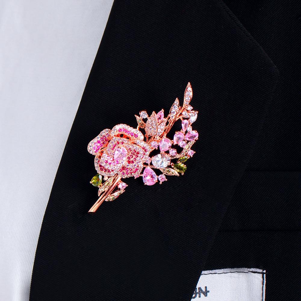 Light Luxury Pink Zircon Rose Bouquet Brooch Brooch Micro Zircon Flower Pin Dress Accessories