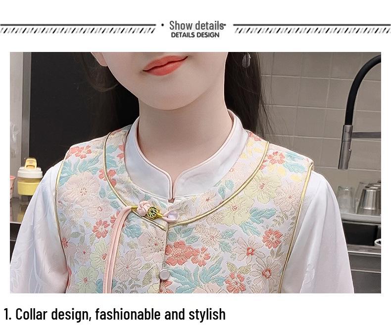 2025 Nowy Hanfu dla Dziewczynek: Modny Słodki Nadruk Chiński Trzyczęściowy Zestaw