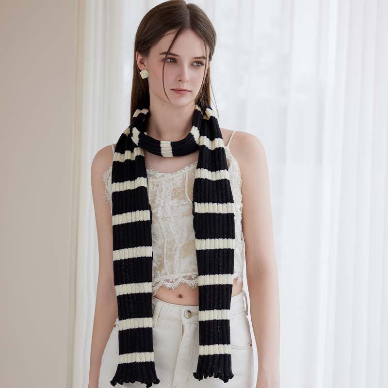 Winter New High-end Scarf Women's Winter Ruffle Edge Striped Knitted Scarf Retro Literary Neck
