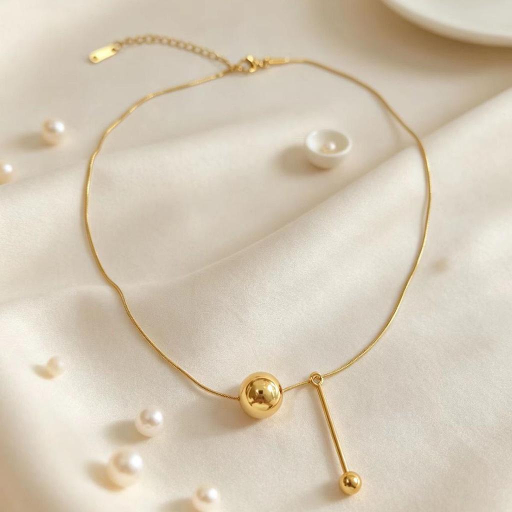 European Luxury 18K Gold Tassel Pendant Necklace for Women - Non-Fading Round Bead & Vertical Bar Design