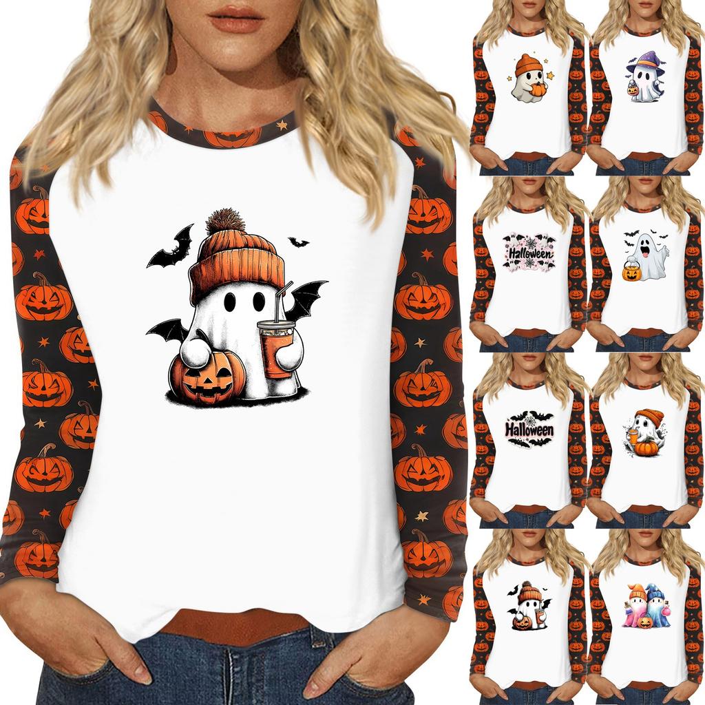 Women's T Shirt Halloween Print Long Sleeve Daily Fashion Basic Round Neck Raglan Sleeve Top