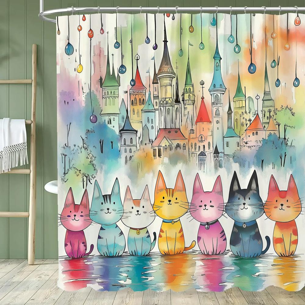 Cartoon Cat Shower Curtain, Bathroom Decorative Flowers Shower Curtains, Home Printed Polyester Fabric Curtain with Hooks