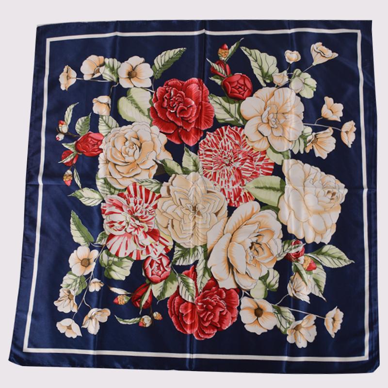 [BYSIFA] Women Silk Scarf Shawl Printed Chinese Rose Navy Blue Red Square Scarves 90*90cm Fashion Accessories Headscarves Hijabs