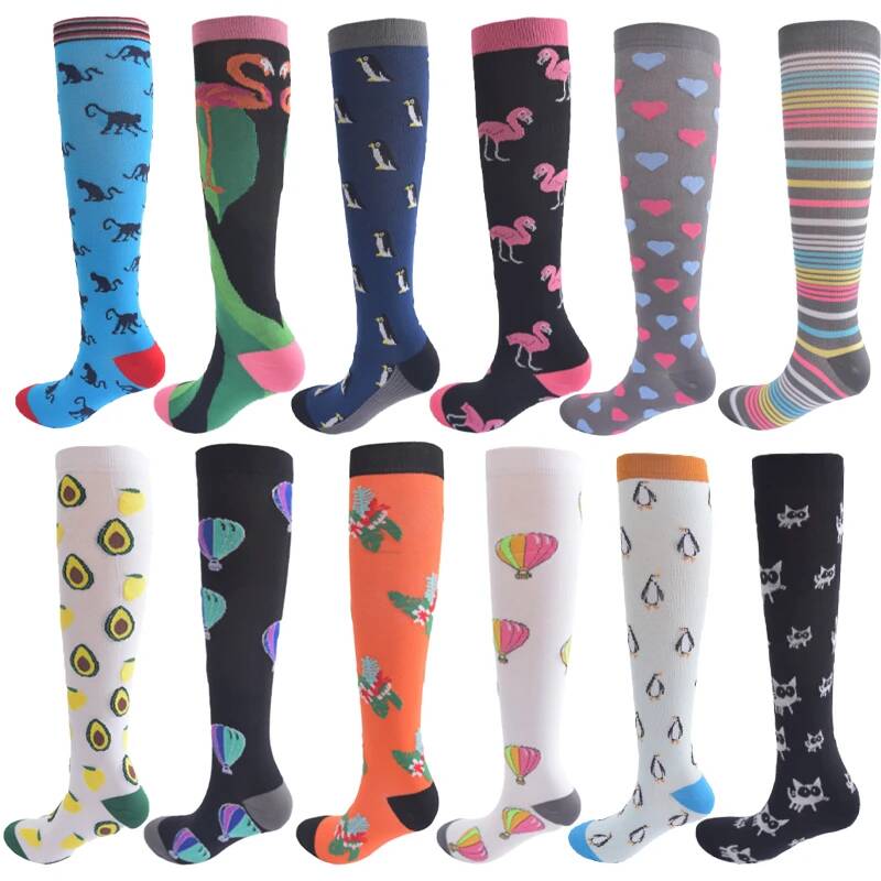 Sport Compression Stockings Pattern Stripes Dots Plant Fruits Animals Balloon Flamingo Monkey Pressure Compress Socks