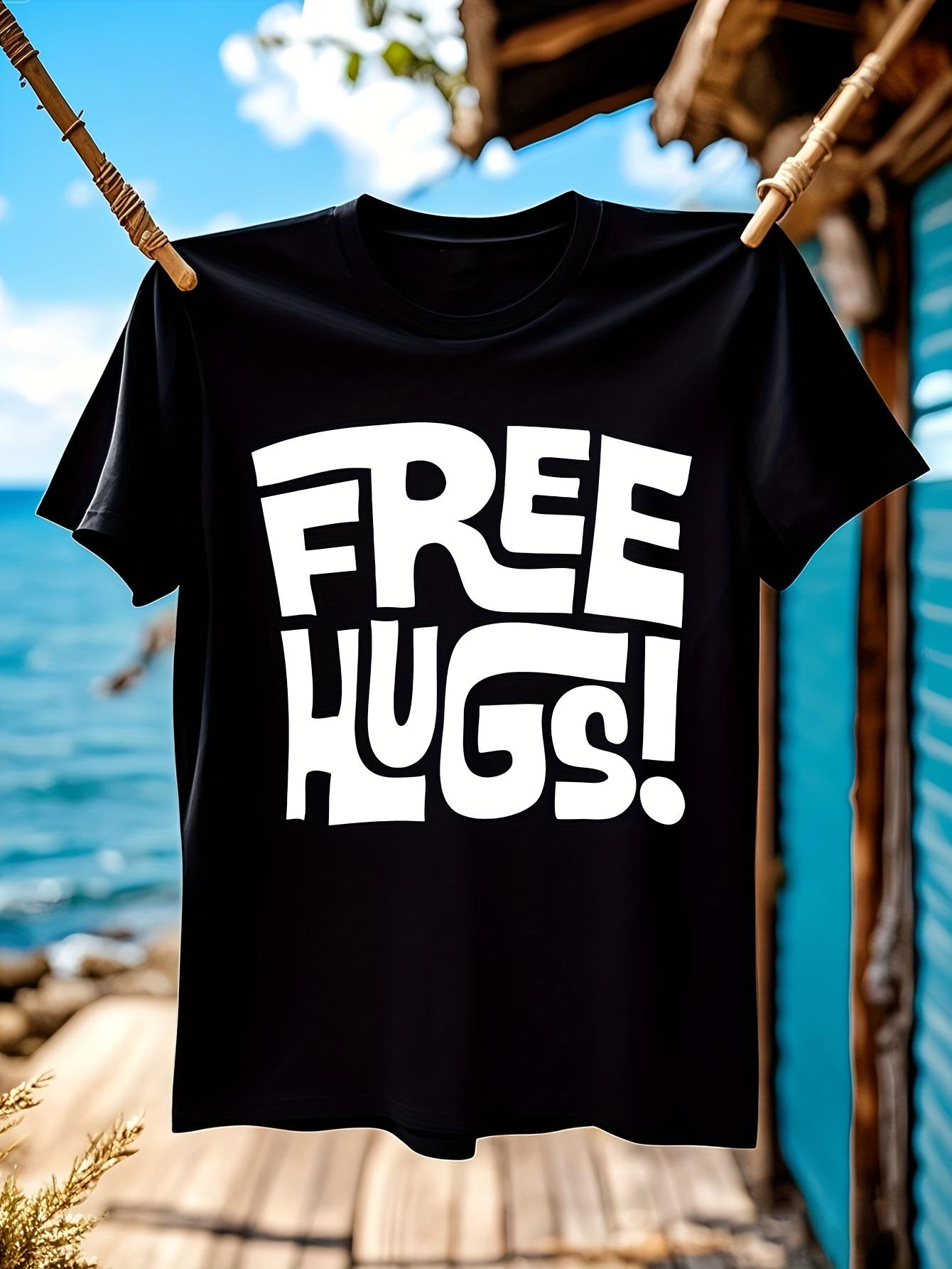 Free Hugs Tshirt Bold White Graphic Print on Black Casual... XXXXL