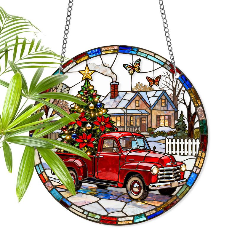 

Acrylic Christmas Red Truck with Tree and Winter House Suncatcher Stained Glass Effect Window Hanging Ornament Holiday Themed Gift for Home 20cm/7.87inch