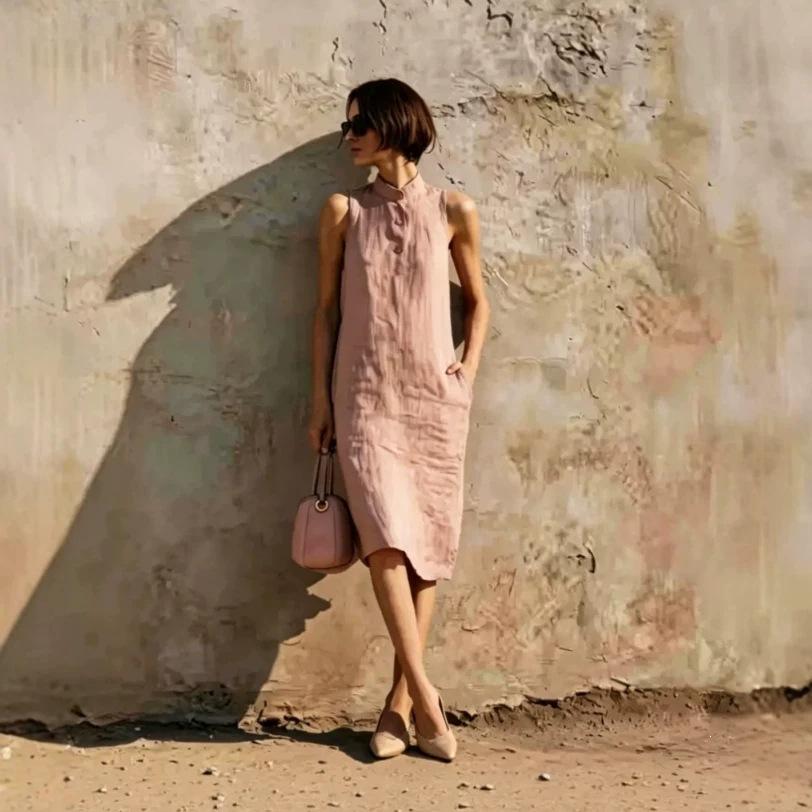 Women's Linen Blend Sleeveless Stand Collar Midi Dress with Button Detail and Pockets