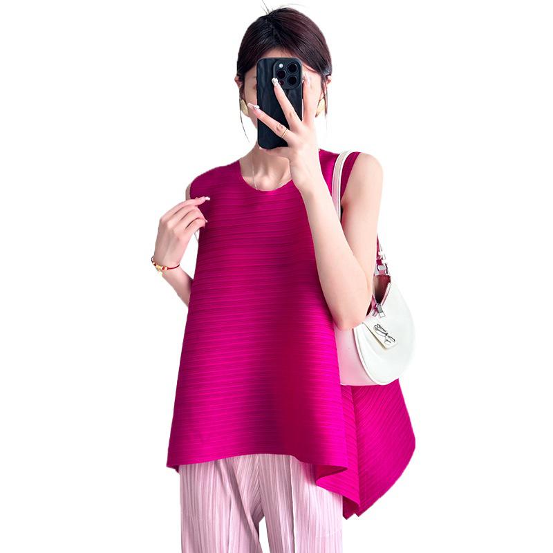 Miyake Damen Ärmelloses Oberteil mit unregelmäßiger Plissierung - Sommerkollektion 2024, Locker in Übergröße mit Rundhalsausschnitt