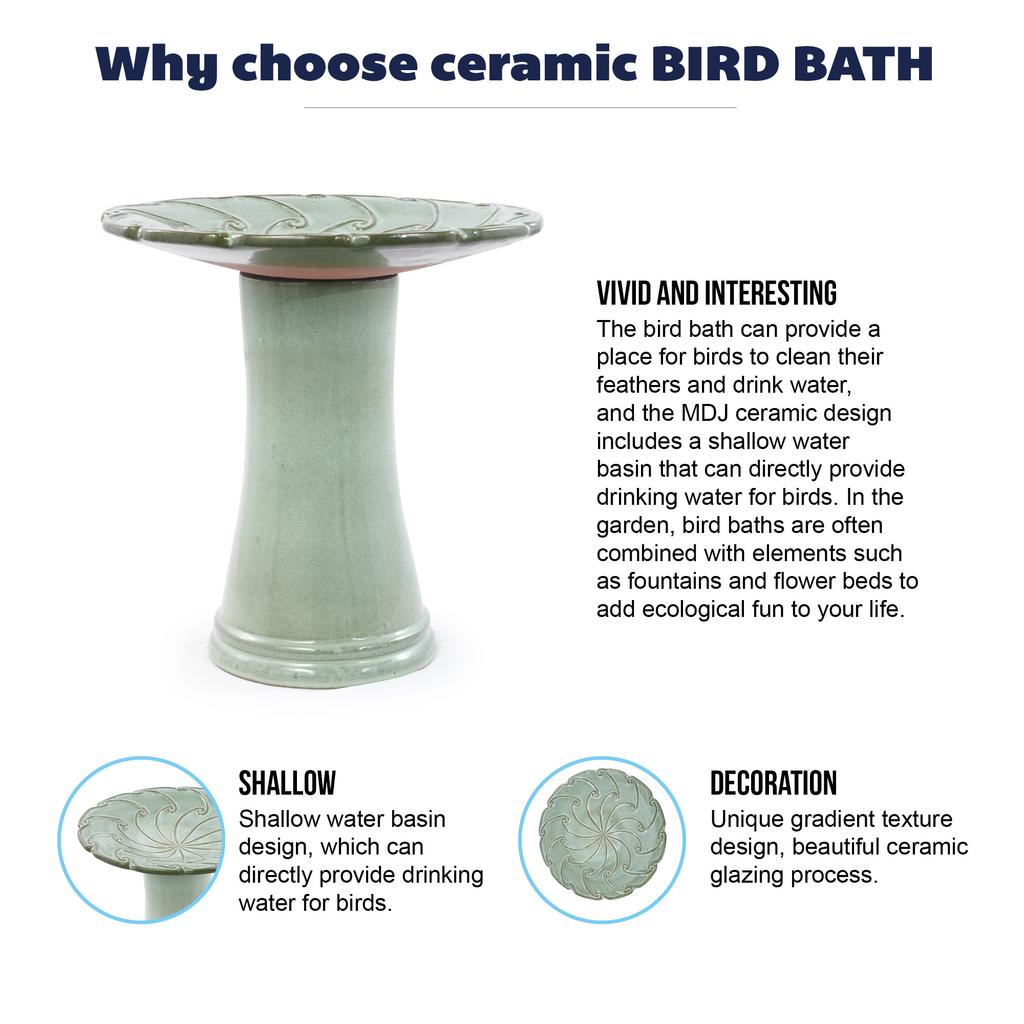 Handmade Ceramic Bird Bath (diameter 43 cm, Height 45 cm), Light Green, Radial Swirl Relief, Weatherproof & Frost-Resistant, for Garden, Terrace