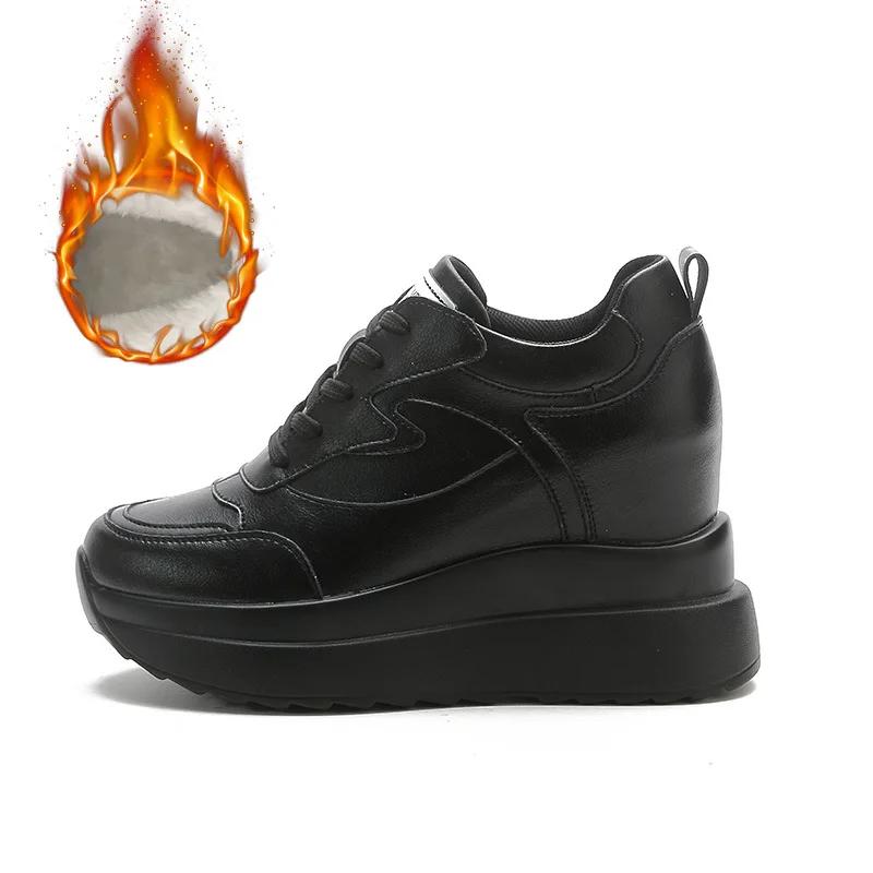 Increased 10CM Genuine Leather Sneakers Platform Wedge Hidden Heel Pumps Warm Fur Women Winter Shoes
