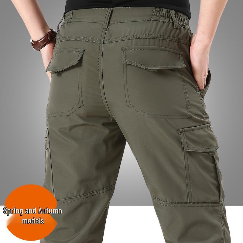 In Stock Men's Quick-Dry Winter Outdoor Multi-Pocket Ski Pants, Plus Velvet Thick Straight-Leg Windproof Long Pants